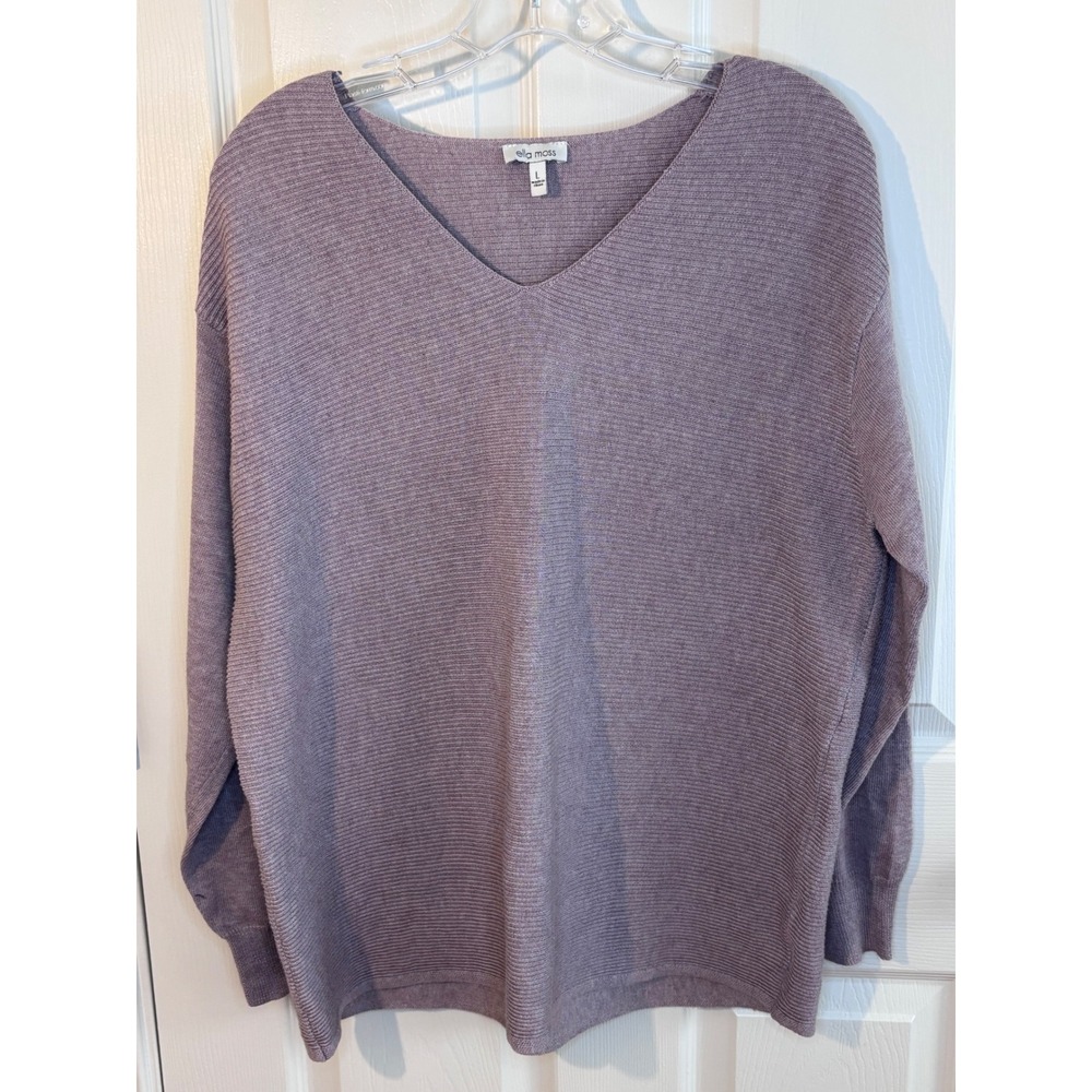 Ella Moss Womens Ribbed V-Neck Sweater Mauve Purple Long Sleeve Pullover Large
